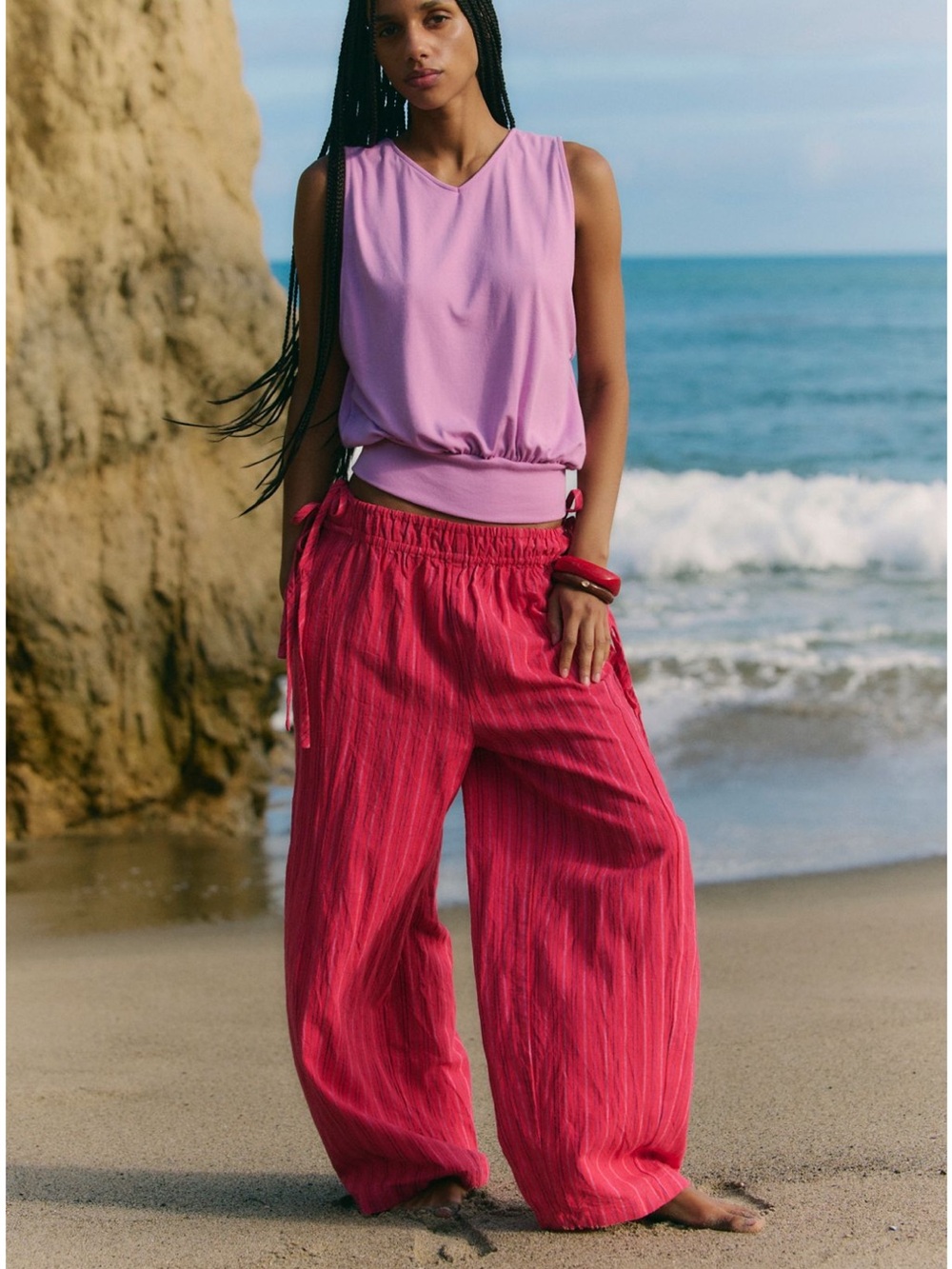 SUN DAZED COTTON-LINEN STRIPED PANTS CHERRY COMBO